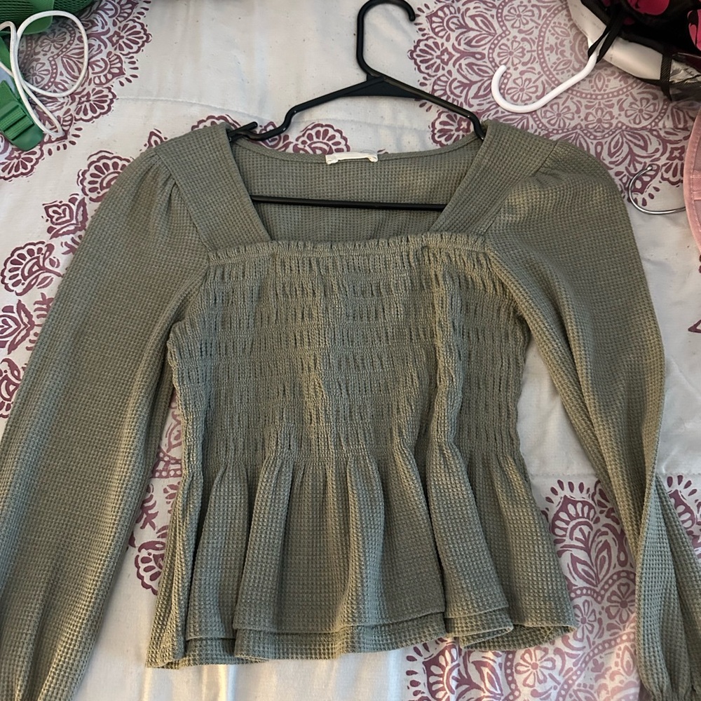 Altar'd State Sage Green Smocked Blouse